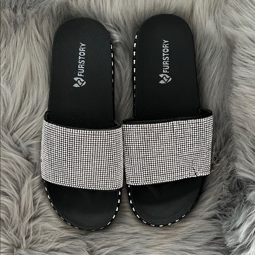 NWOT Furstory Women's Black Slide Sandals with Rhinestones sz 39-40